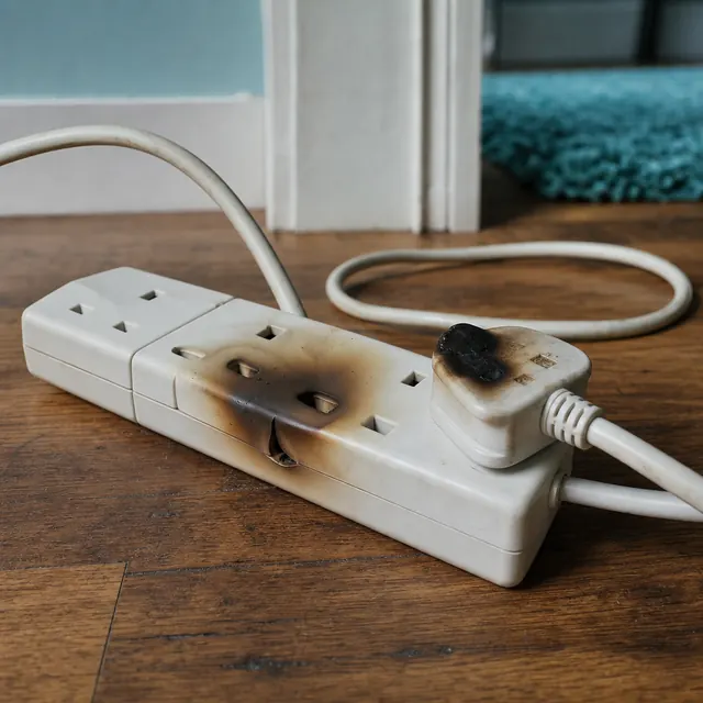 Extension lead with scorch marks around one of its sockets