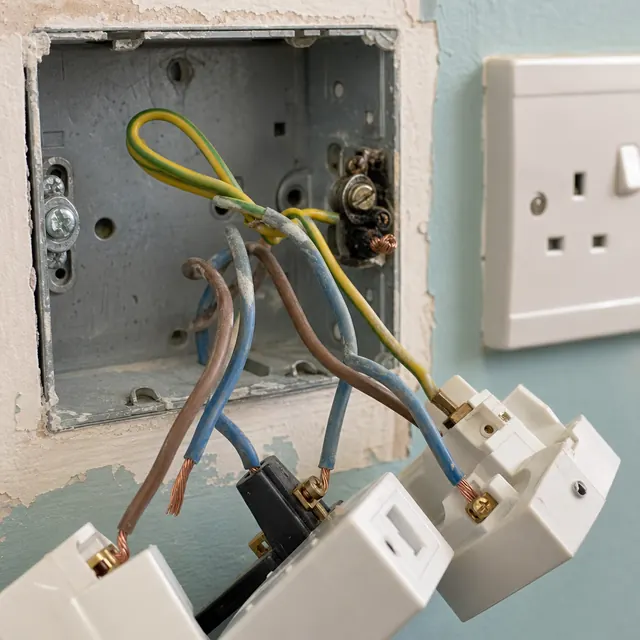 Loose wiring exposed behind a removed socket faceplate