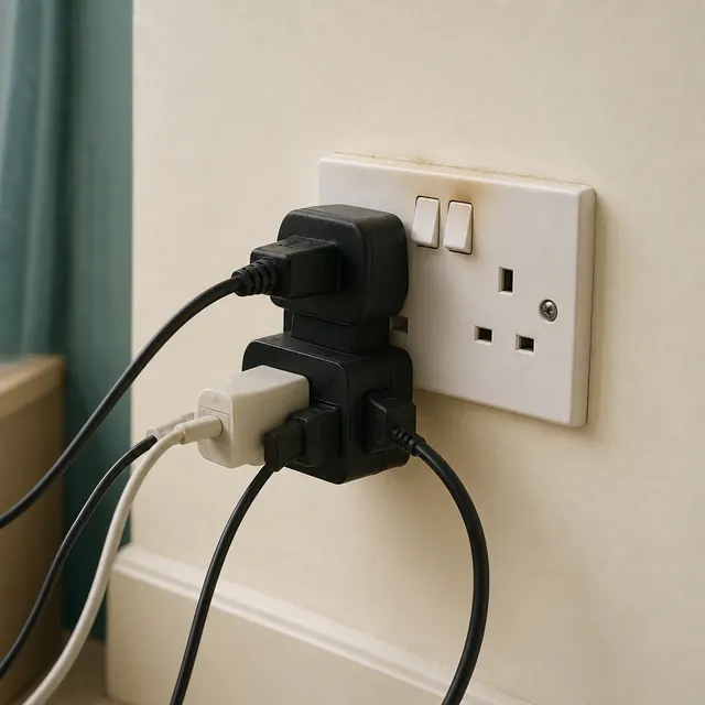 Double socket overloaded with two chunky adaptors and plugs