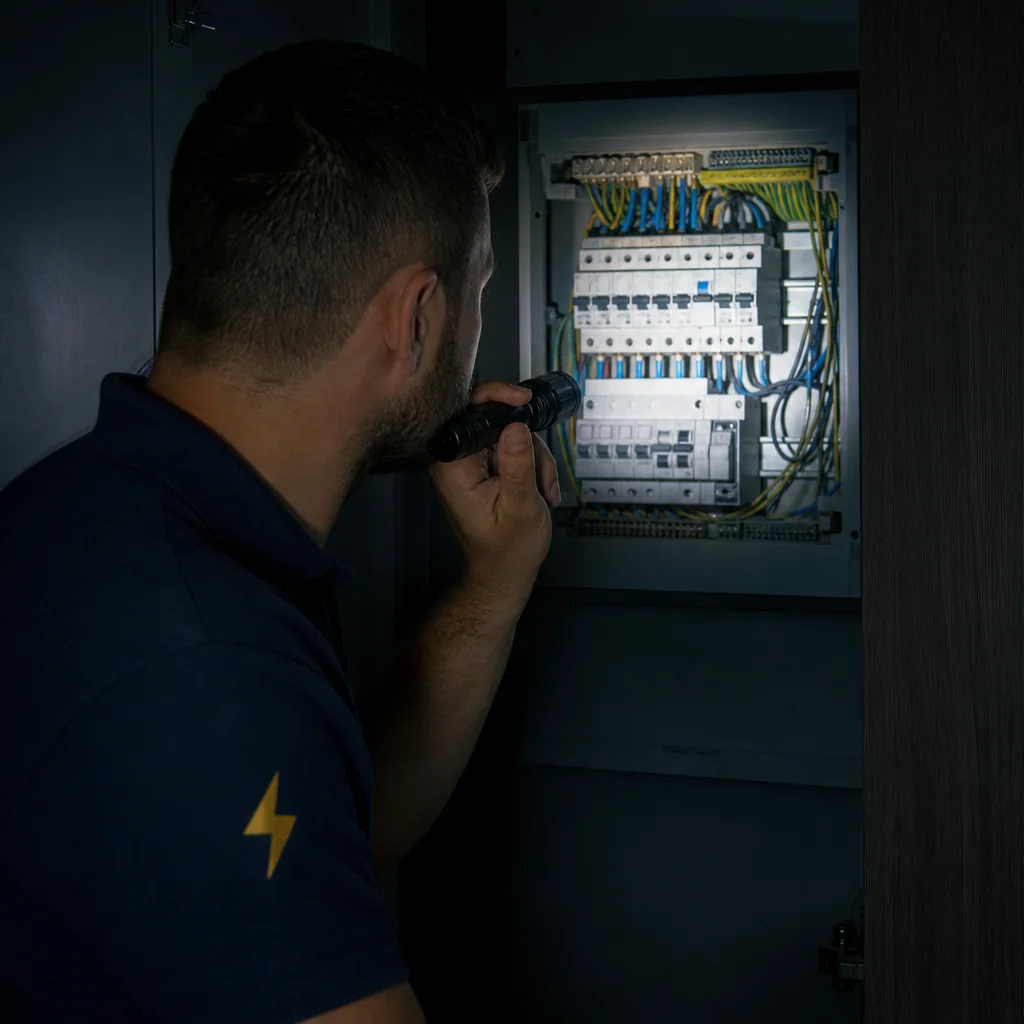 TRACEFORM electrician inspecting wiring inside an open consumer unit