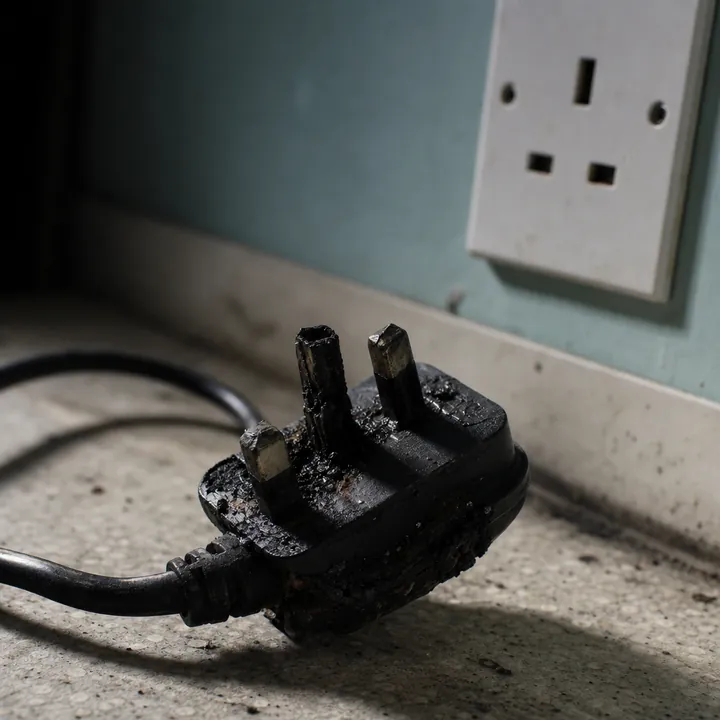 Charred three-pin plug with a scorched flex on a kitchen worktop