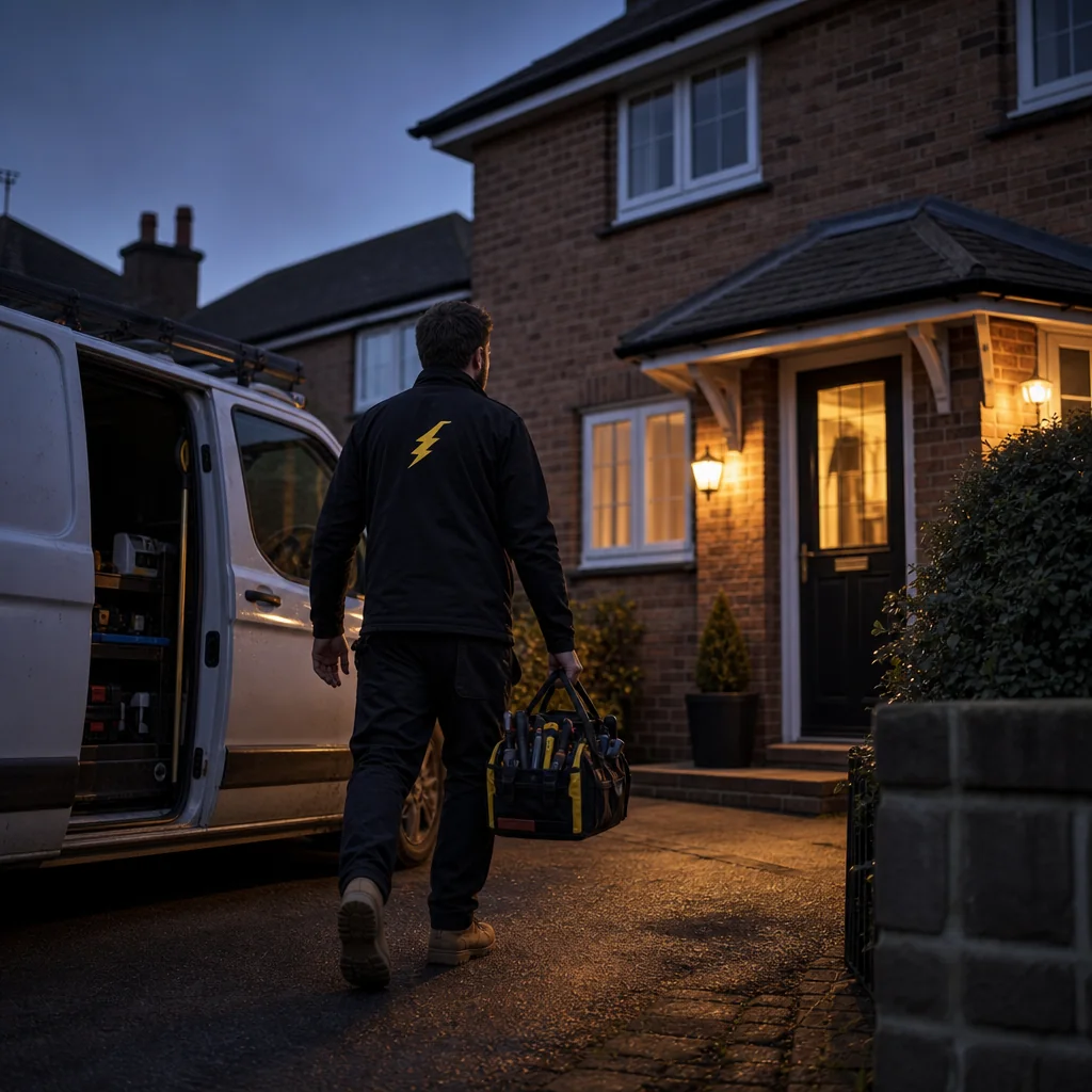 TRACEFORM electrician arriving at a house at dusk with a tool bag