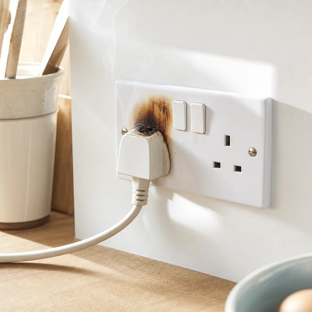 Melted plug with scorch marks pulled from a white wall socket
