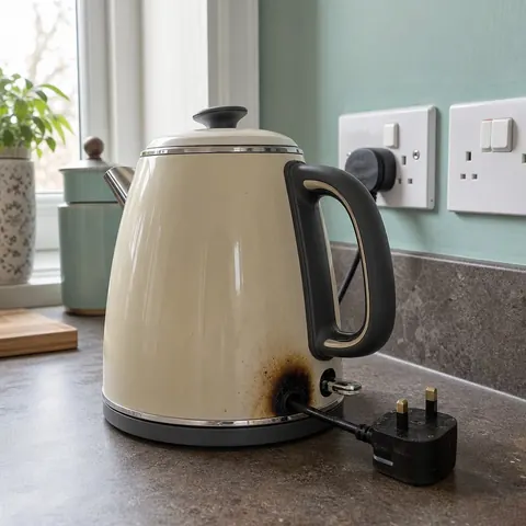 Cream kettle with a scorch mark on its base next to a socket