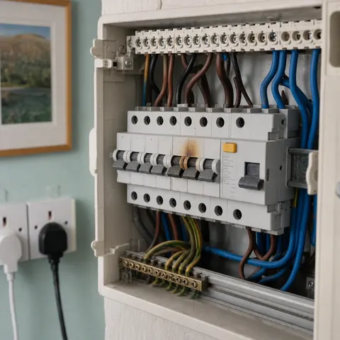 Open consumer unit showing rows of circuit breakers and wiring