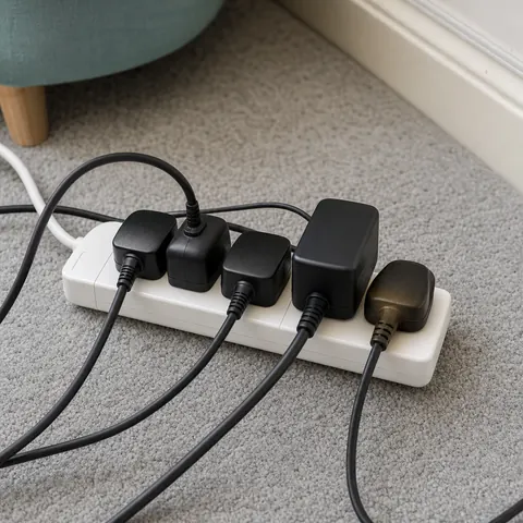 Extension lead on a carpet fully loaded with black power adaptors