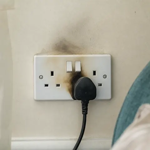 White double socket with a black scorch mark spreading from one outlet