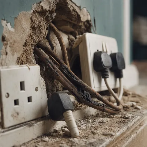 Old, deteriorated wiring around a socket with plugs still connected