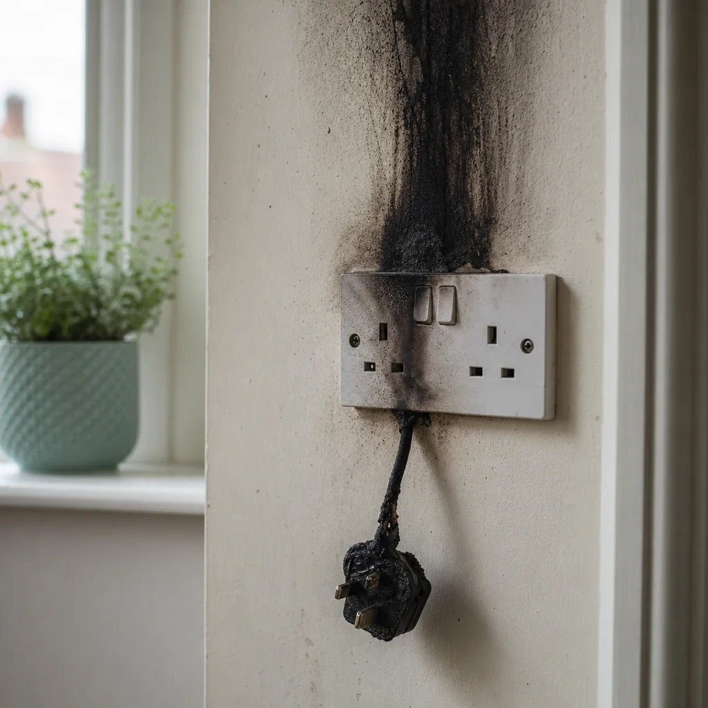 Scorched wall socket with a burnt plug and cable hanging below it
