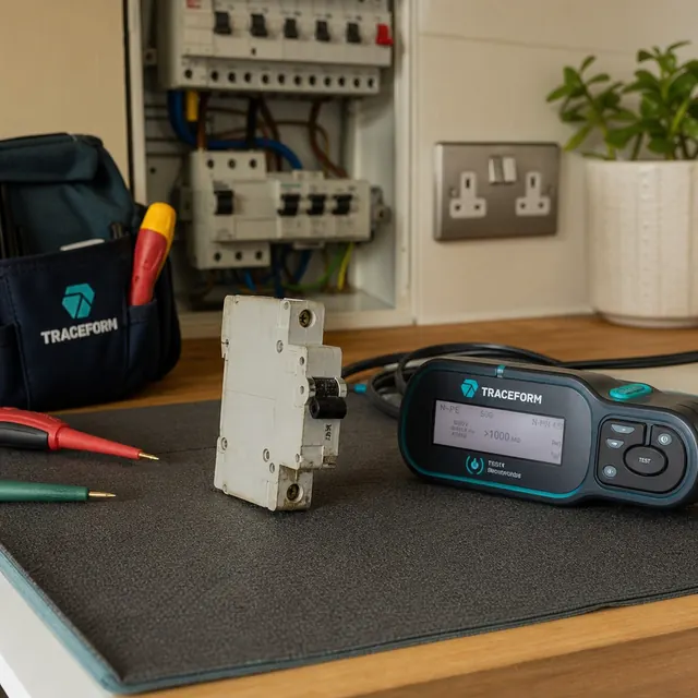Single circuit breaker and TRACEFORM tester laid out on a worktop