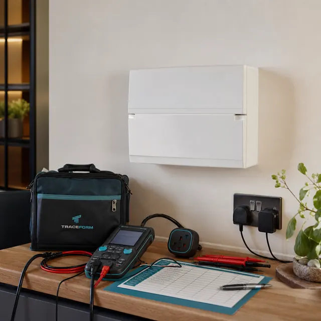 Consumer unit on a hallway wall with a TRACEFORM test kit below it