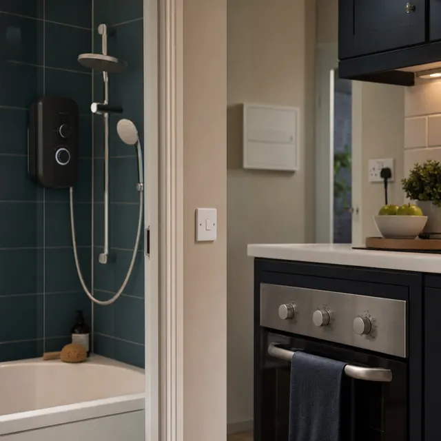 Electric shower, cooker and sockets sharing a kitchen wall