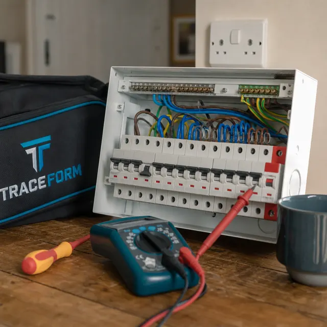 Open consumer unit with wiring and a TRACEFORM tool case