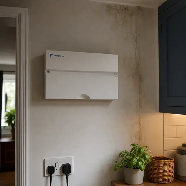 Consumer unit mounted on a kitchen wall near a window