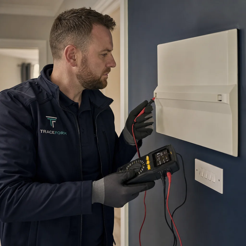 TRACEFORM electrician testing a consumer unit with a multimeter