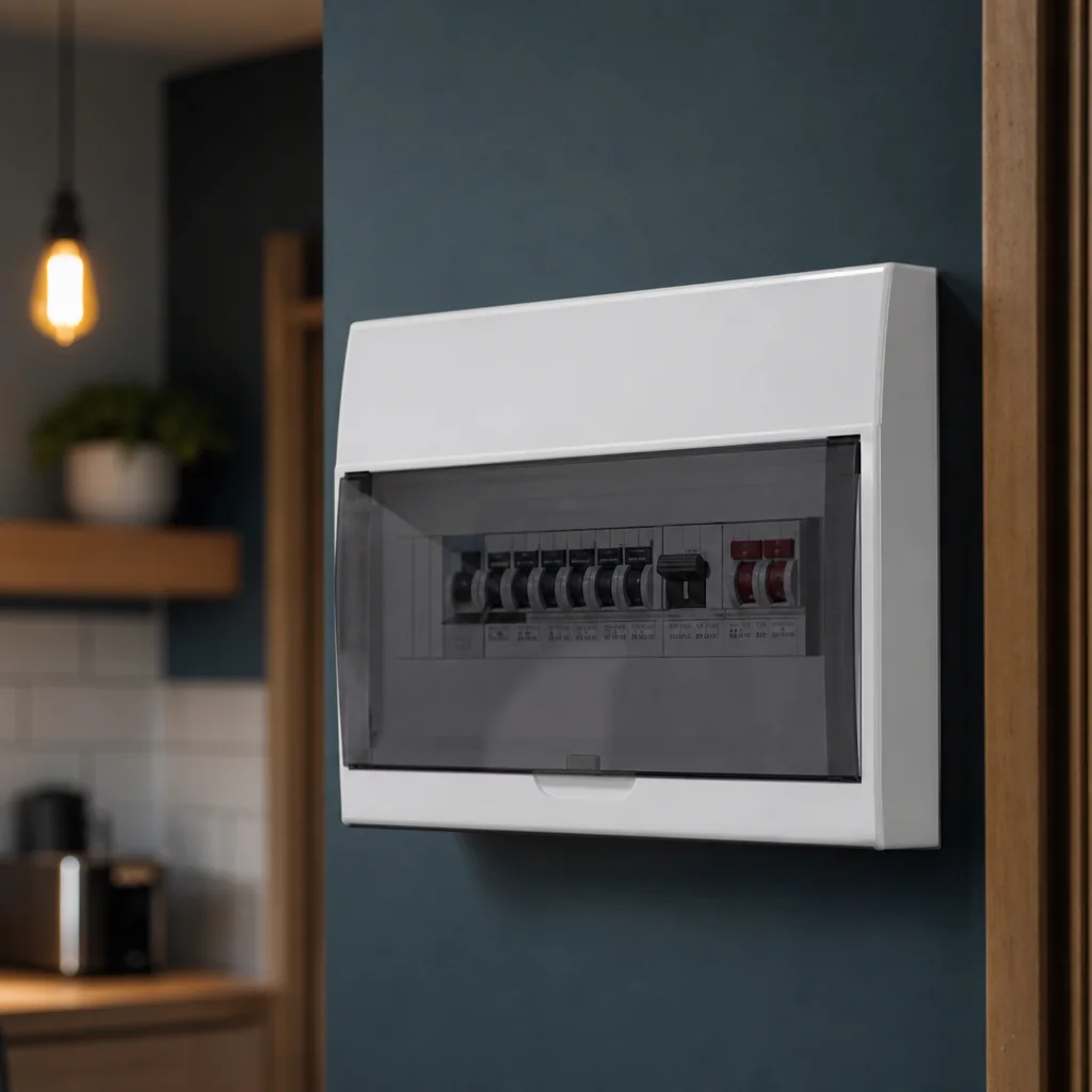Consumer unit mounted on a kitchen wall with the cover open