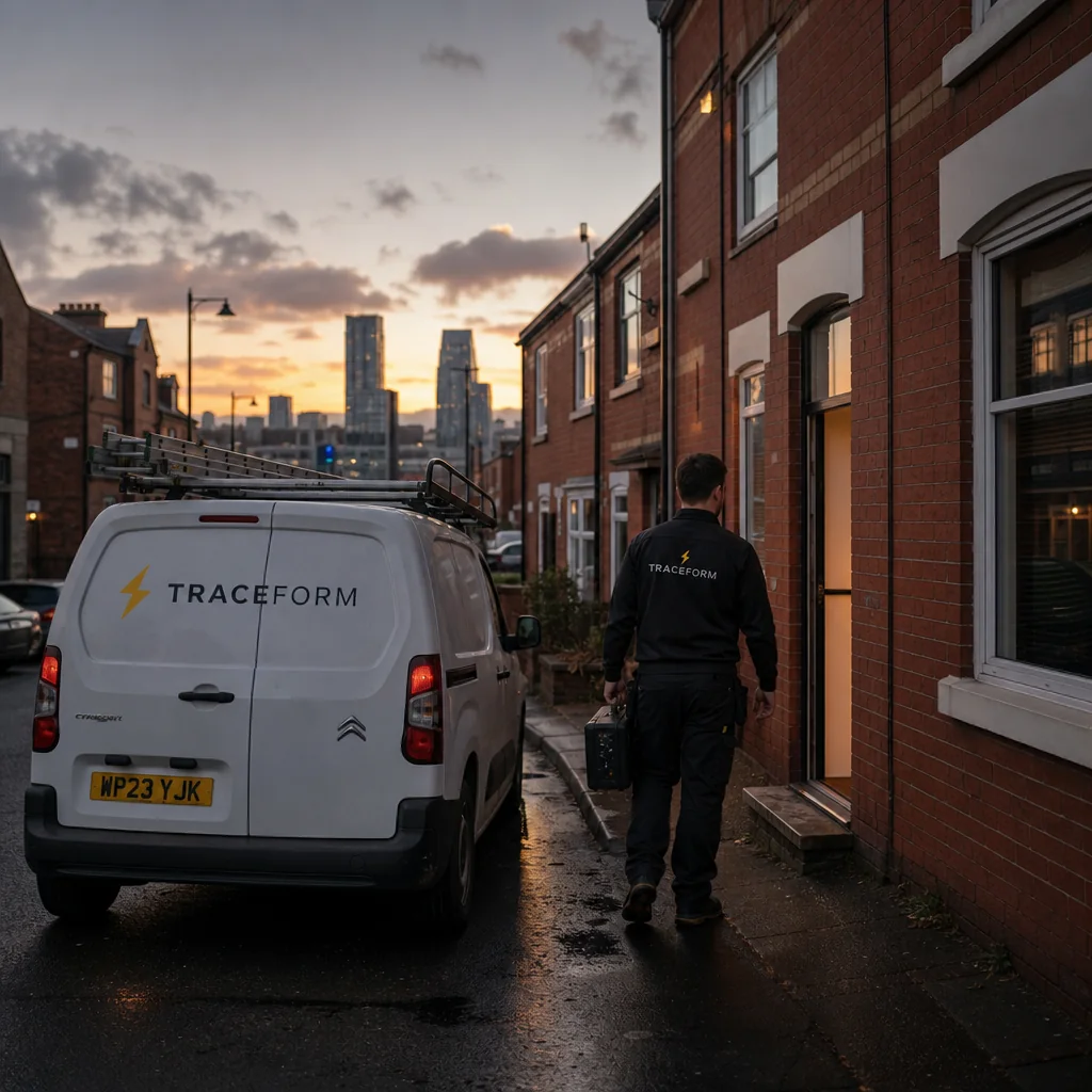 TRACEFORM electrician walking from the van to a terraced house at sunset
