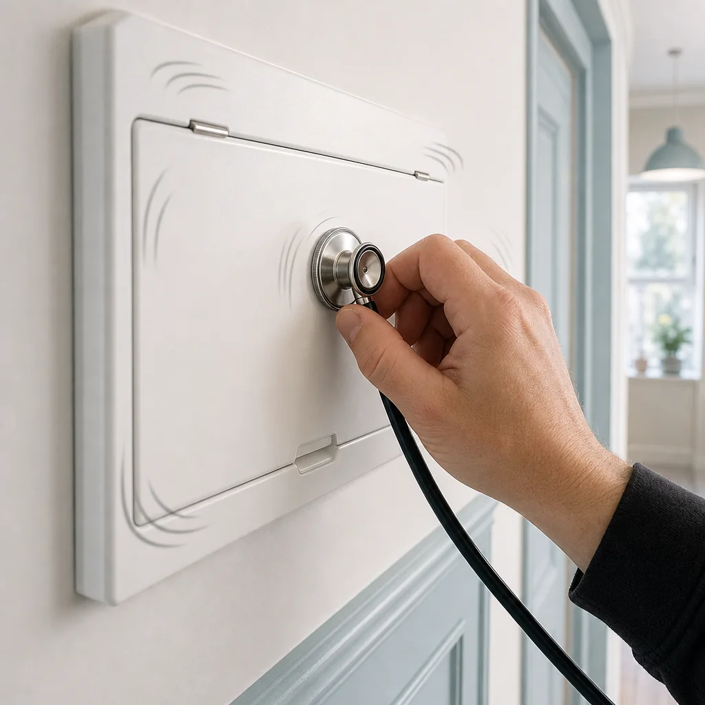 Electrician using a stethoscope to trace a buzzing sound at a consumer unit