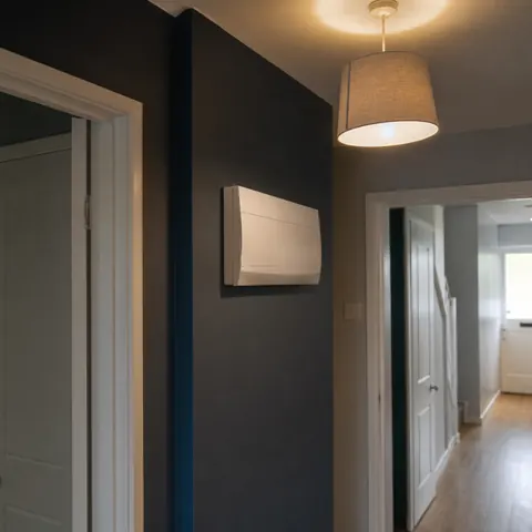 Hallway with a consumer unit and a light left on in the next room