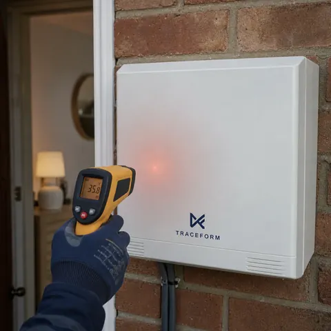 Infrared thermometer pointed at a warm consumer unit cover