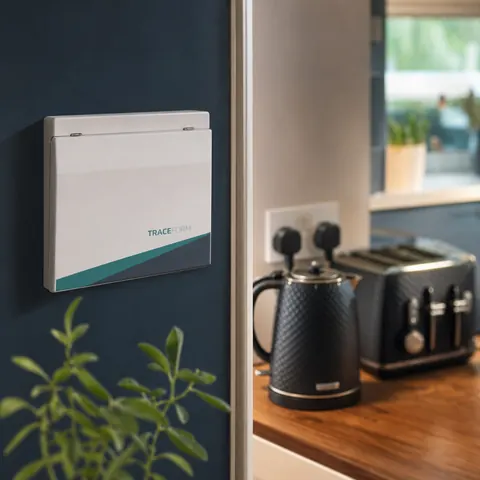 Consumer unit on a kitchen wall above a kettle and toaster