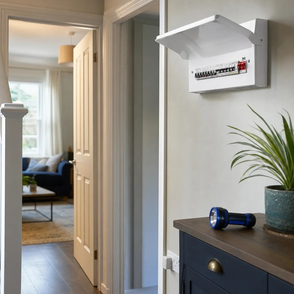 Torch on a hallway table below a consumer unit