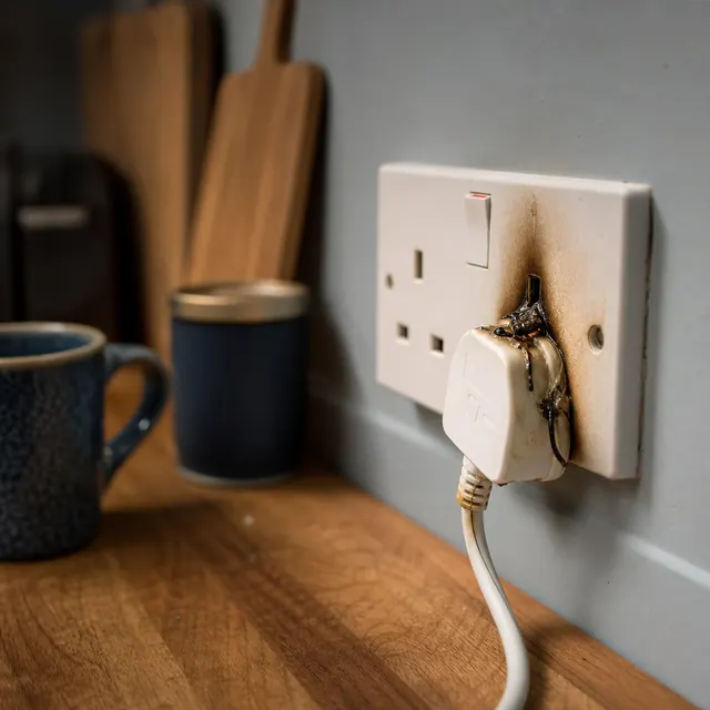 Scorched wall socket with a phone charger flex in a kitchen