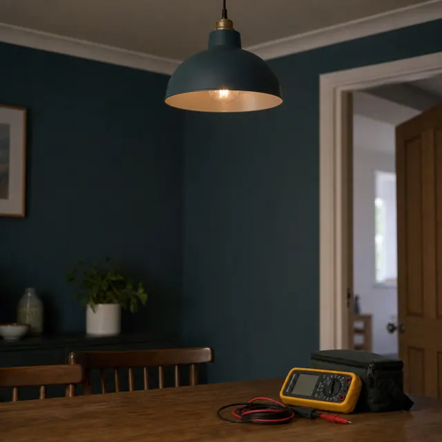 Pendant light and lamp in a dark blue hallway
