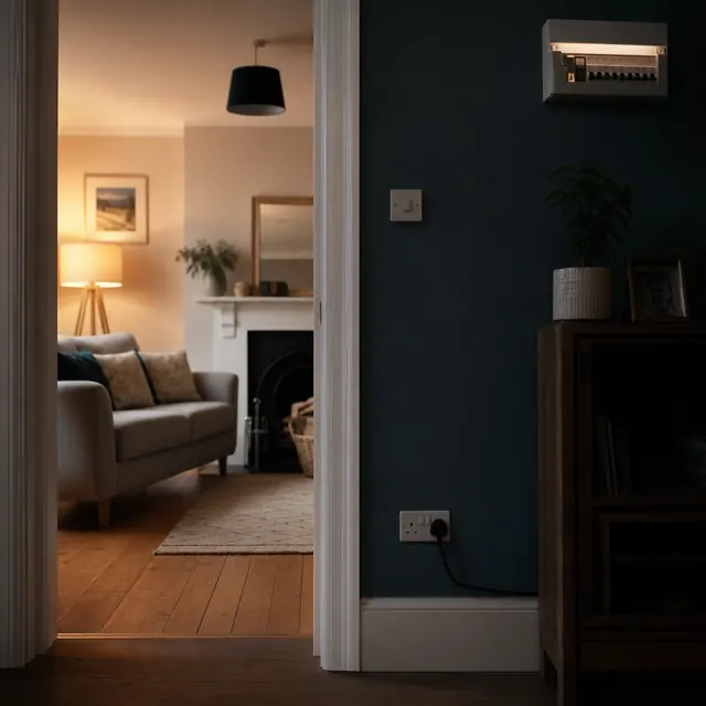 Living room lit by a single lamp with the rest of the house dark