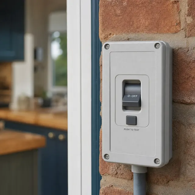 RCD enclosure mounted on an external brick wall