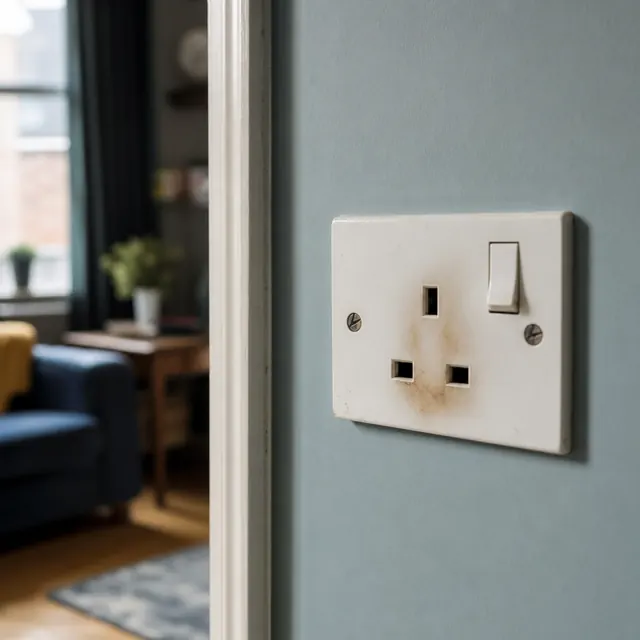 Wall socket with a switch on a plain blue wall