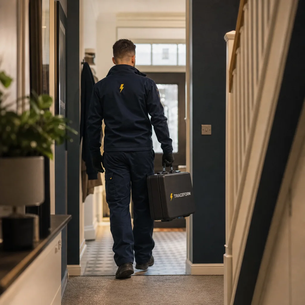 TRACEFORM electrician carrying a tool case into a hallway