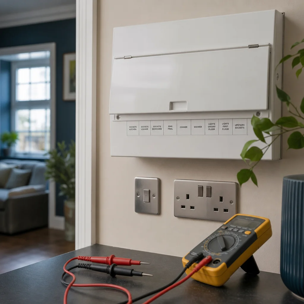 Consumer unit on a living-room wall with a multimeter on the table
