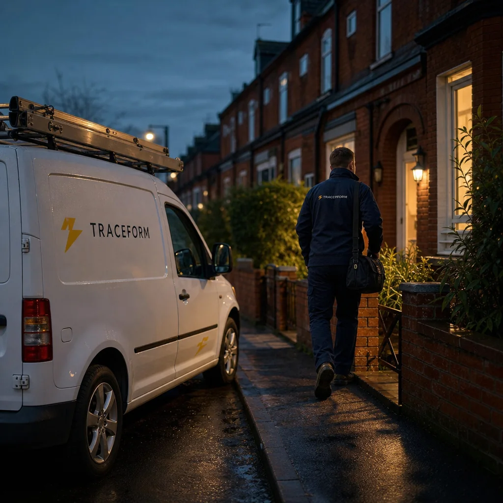 TRACEFORM electrician walking from the van to a front door at dusk