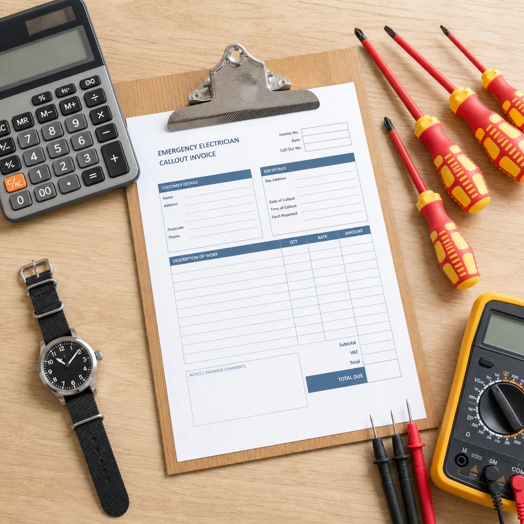 Emergency electrician call-out checklist on a clipboard with a calculator and tools