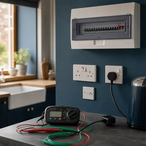 Wall socket and consumer unit under test in a kitchen