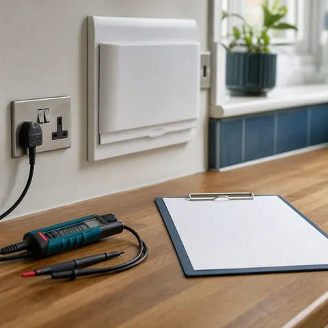 Plug-in socket tester and clipboard on a table by a wall socket