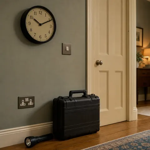 Wall clock above a hallway consumer unit and an electrician's tool case