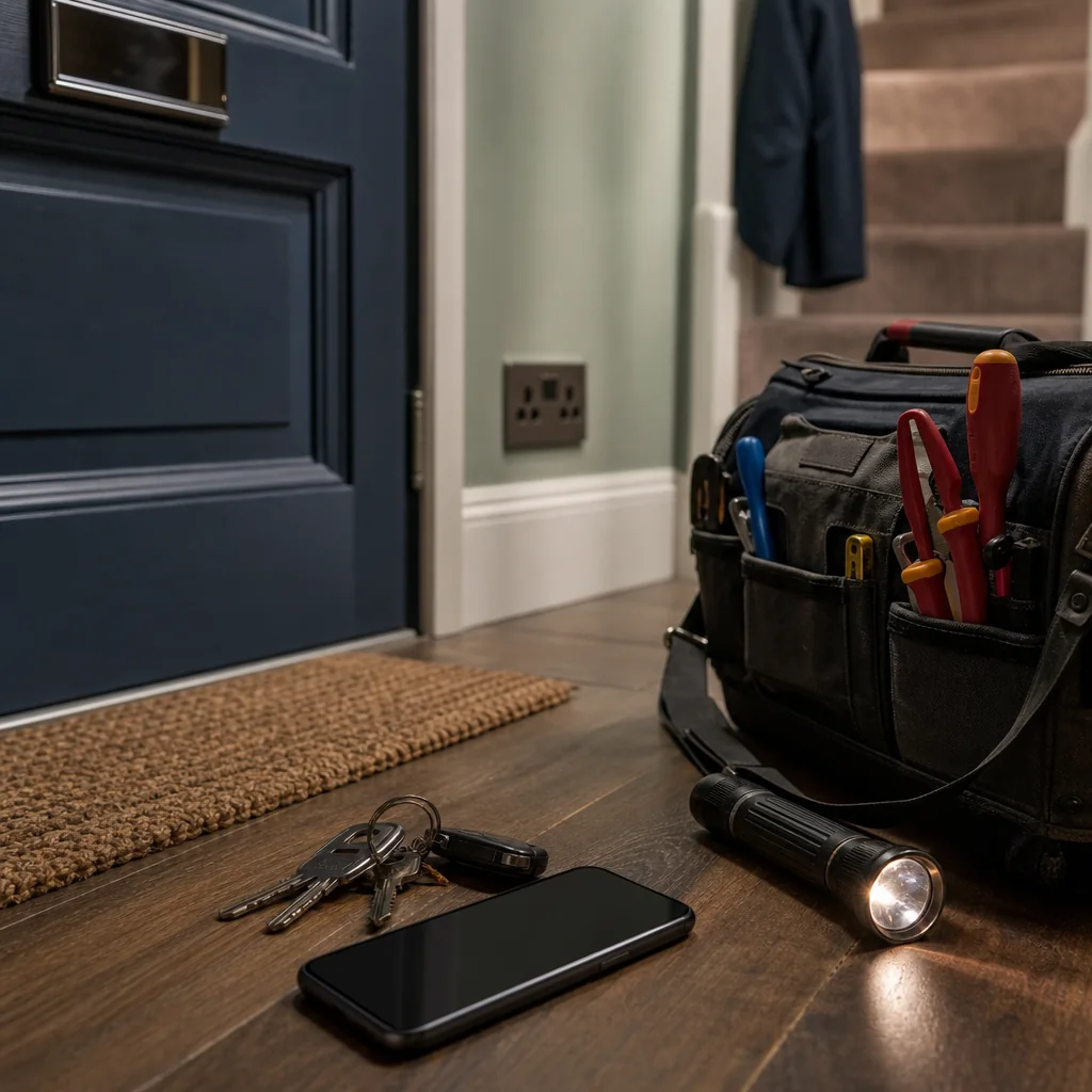 Electrician's open tool bag on a doormat in a hallway
