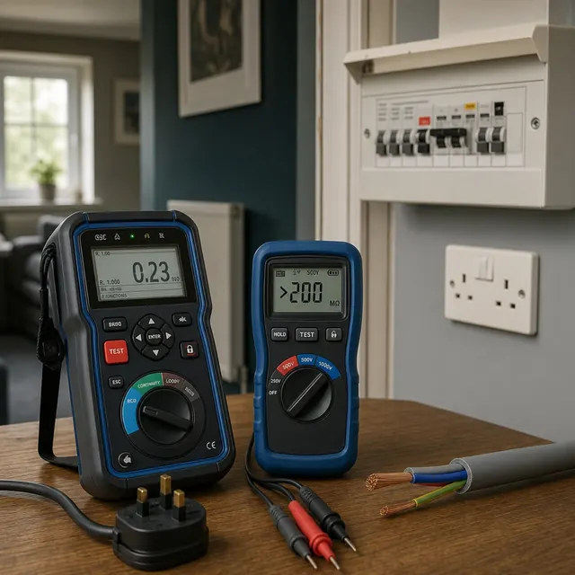 Two multimeters on a table beside a wall socket