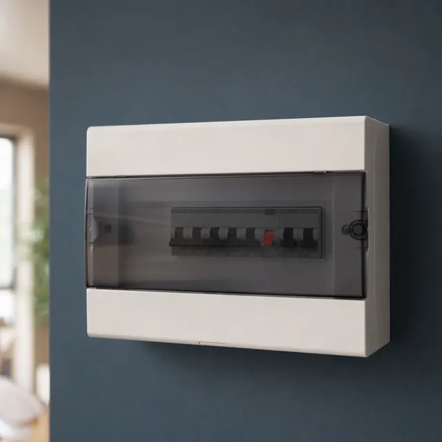 Consumer unit mounted on a wall with the cover closed