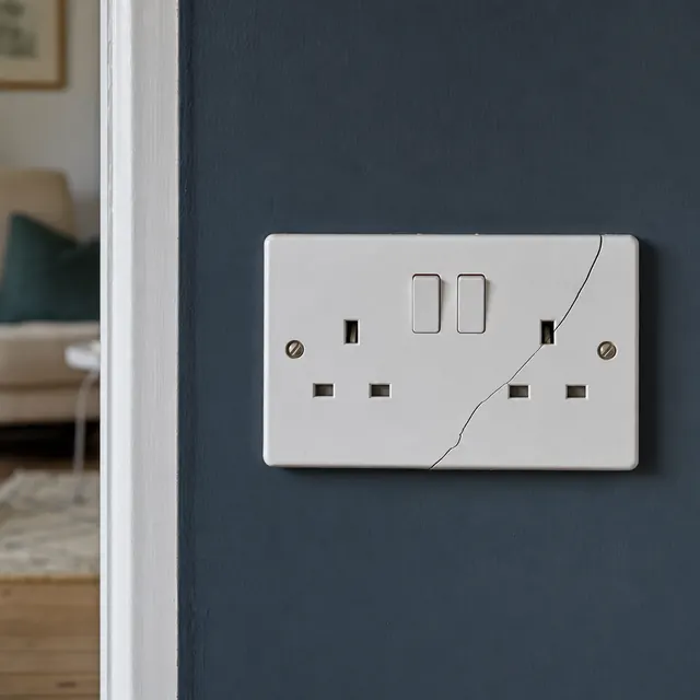 Cracked white double socket on a wall