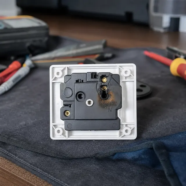 Socket faceplate removed to show a loose terminal connection