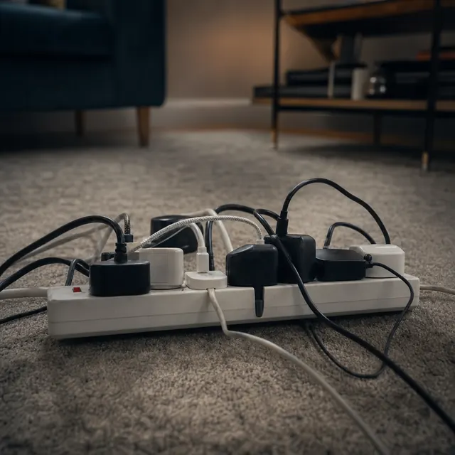Trailing extension leads tangled together on a floor