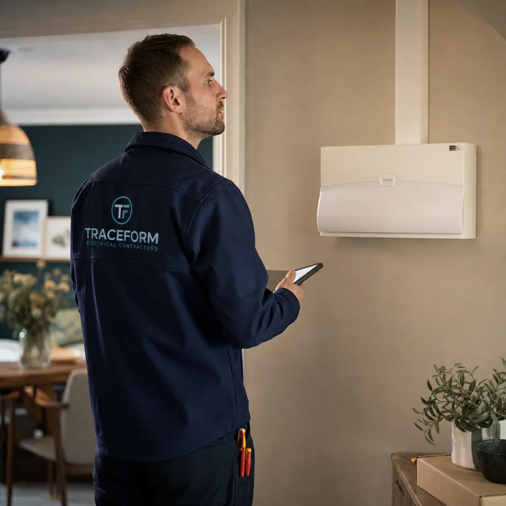 TRACEFORM electrician checking a phone beside a consumer unit