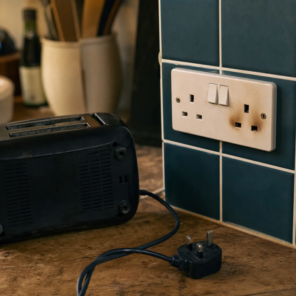 Toaster plugged into a socket on a tiled kitchen wall