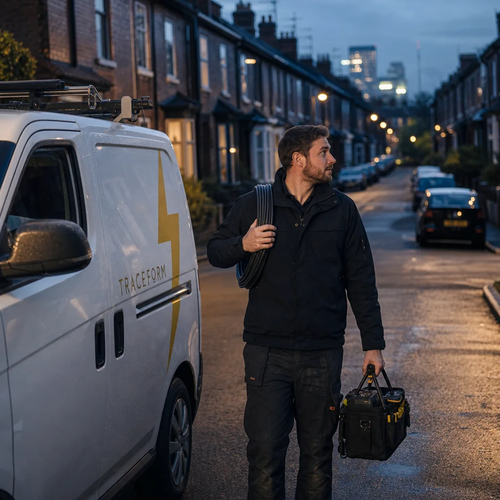 TRACEFORM electrician with a tool bag stepping out of the van at night
