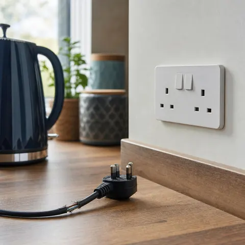 Double socket on a kitchen wall next to a kettle