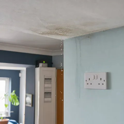 Water damage and mould around a socket and consumer unit