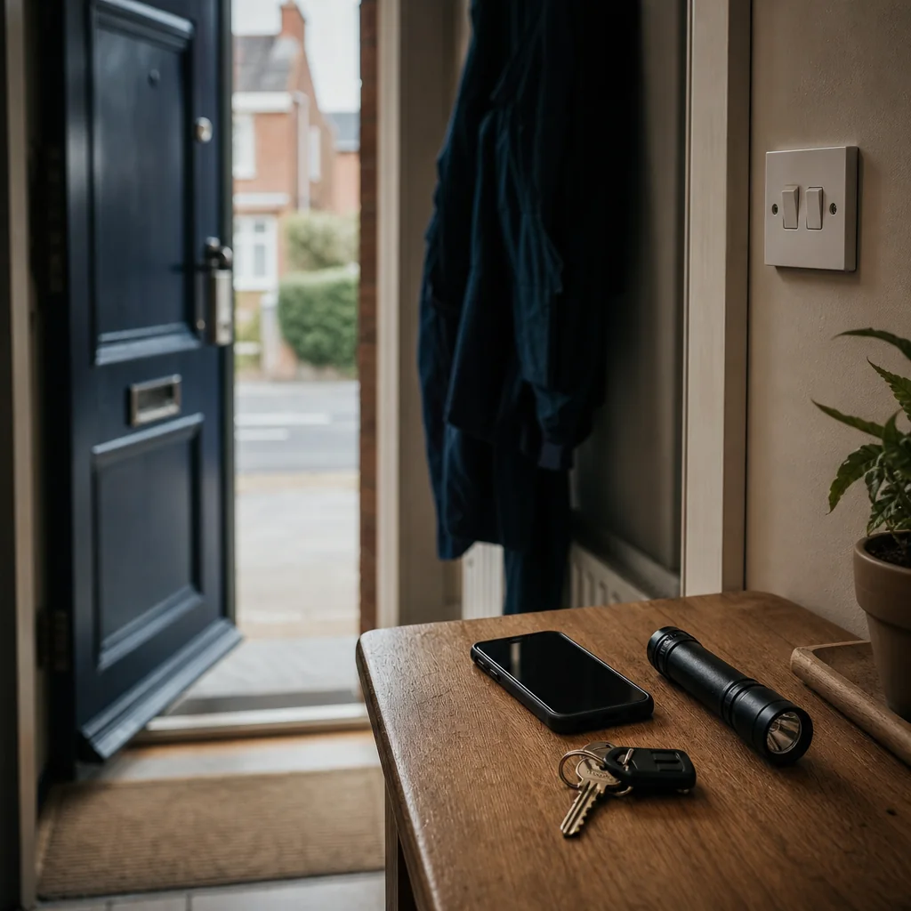 Phone and torch on a hallway table by an open front door